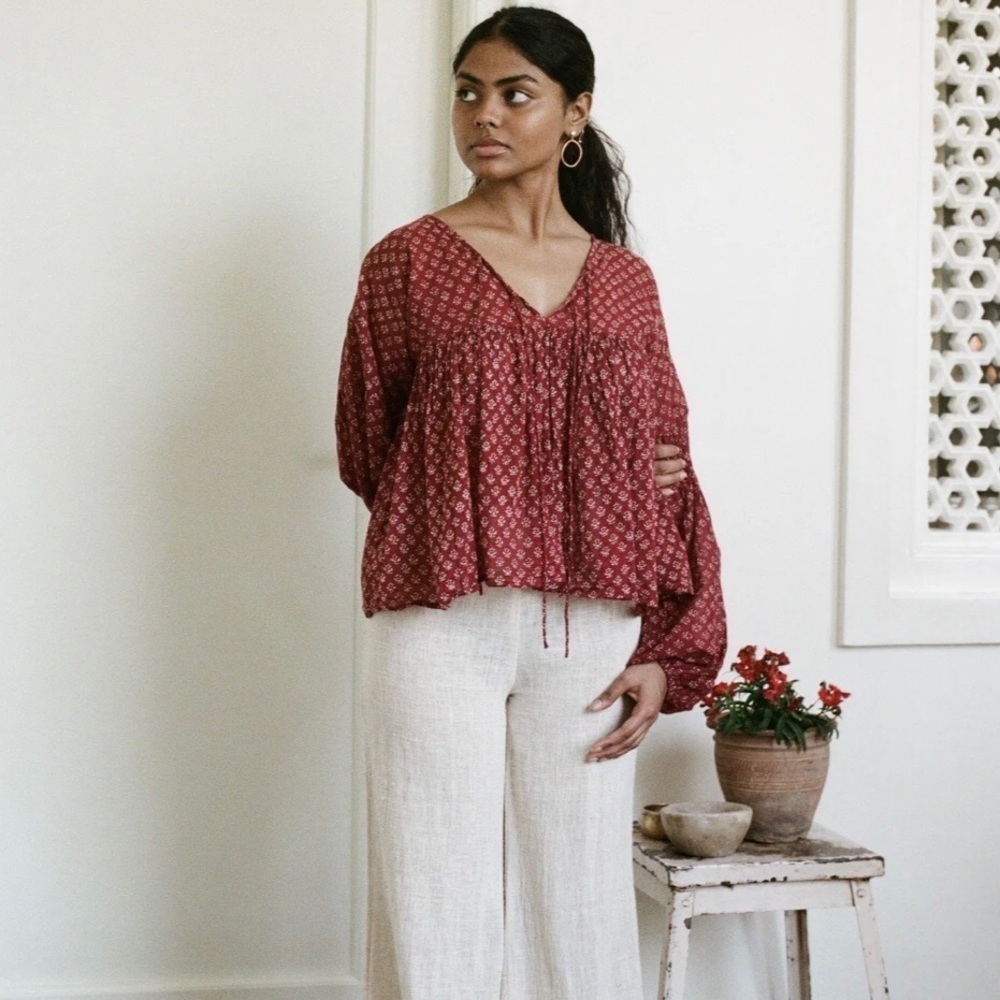 Daughters of India Burgundy Floral Billowy Peasant Blouse - Picture 4 of 13